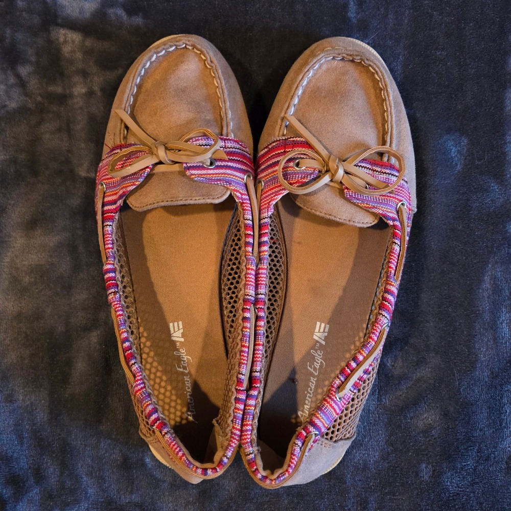 American Eagle Womens Tan Mesh Boat Shoes Woven Boho Loafers Size 9 Flat Slip On